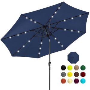 10ft Solar LED Lighted Patio Umbrella w/ Tilt Adjustment, Fade-Resistance - Navy Blue. Appears New