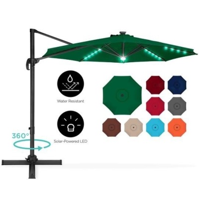 360-Degree LED Cantilever Offset Patio Umbrella w/ Tilt, 10ft - Green. Appears New