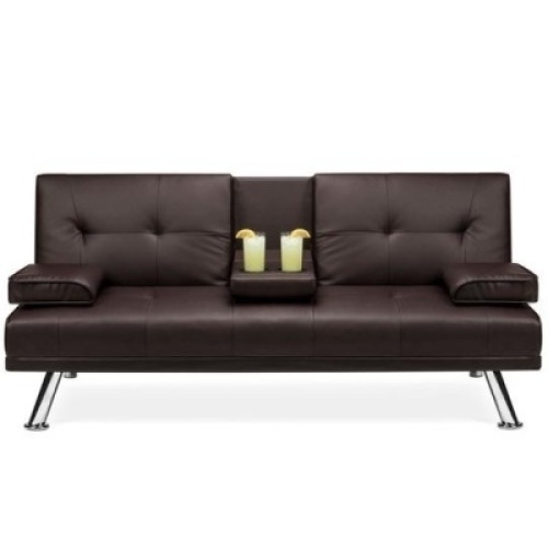 Faux Leather Upholstered Convertible Sofa Bed Futon w/ 2 Cupholders. Appears New