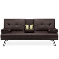 Faux Leather Upholstered Convertible Sofa Bed Futon w/ 2 Cupholders. Appears New