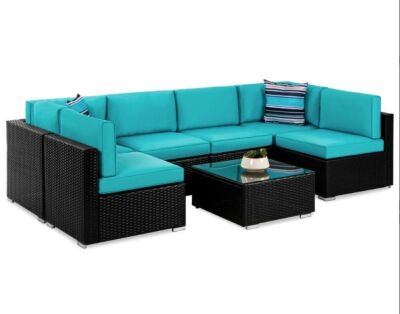 7-Piece Modular Wicker Sectional Conversation Set w/ 2 Pillows, Cover