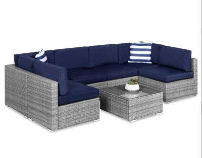 7-Piece Modular Wicker Sectional Conversation Set w/ 2 Pillows, Cover