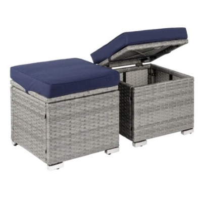 Set of 2 Wicker Ottomans, Multipurpose w/ Removable Cushions & Steel Frame, Navy/Gray, Appears New