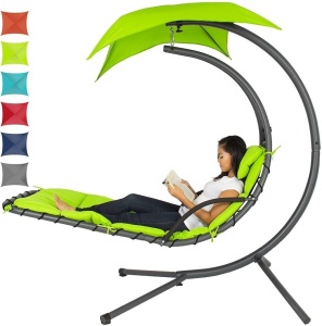 Outdoor Hanging Curved Steel Chaise Lounge Chair Swing w/Built-in Pillow and Removable Canopy, Green. Appears New