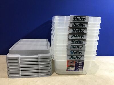 Lot of (8) Hefty 18qt Plastic Storage Bin with Gray HI-RISE Stackable Lid