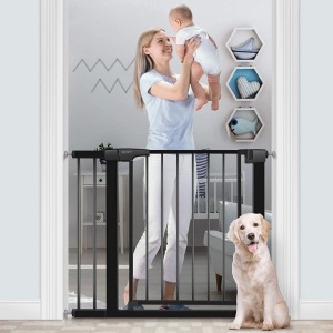 RONBEI Baby Gate for Stairs and Doorways, 35''- 37.8''/ 29.53''- 32.28'' Auto Close Indoor Child Gates for Kids/Dogs, Easy Walk Thru Safety Gate with 5.5'' Extension,4 Mounting Kit, 1 Wrench-Black