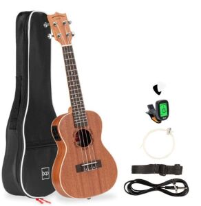 23in Acoustic Electric Concert Sapele Ukulele Starter Kit w/ Built-in Tuner