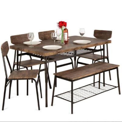 Lot of (3) 6-Piece Modern Dining Set w/ Storage Racks, Table, Bench, 4 Chairs, 55in - Uninspected 