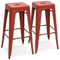 30in Metal Modern Industrial Bar Stools w/Drainage Holes, Set of 2, Distressed Red
