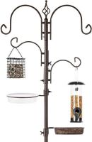 4-Hook Bird Feeding Station, Steel Multi-Feeder Kit Stand w/ 2 Bird Feeders, Mesh Tray, Bird Bath, 4-Prong Base - Bronze