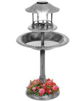 Solar Lighted Outdoor Pedestal Bird Bath w/ Planter, Decorative Bird Cage