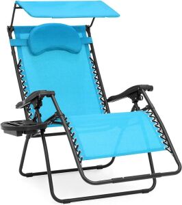 Oversized Steel Mesh Zero Gravity Reclining Lounge Patio Chair w/Folding Canopy Shade and Cup Holder, Aqua