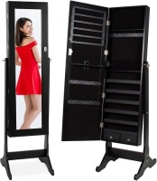 Standing Mirror Armoire, Lockable Jewelry Storage Organizer Cabinet w/ Velvet Interior, 3 Angle Adjustments&nbsp;