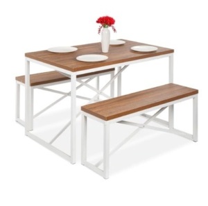 3-Piece Bench Style Dining Furniture Set w/ 2 Benches, Table, 45.5in, Brown/White, Appears New