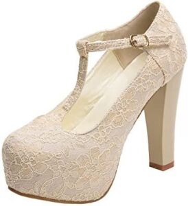 getmorebeauty Women's Marty Janes T-Strappy Lace Women Dress Wedding Shoes, Size 9