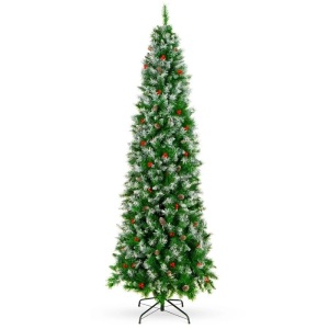 Partially Flocked Spruce Pencil Christmas Tree w/ Berries, Pine Cones - 6ft