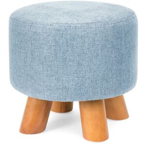 Foam Padded Pouf Ottoman Footrest Stool w/Removable Linen Cover and Non-Skid Wooden Legs, Denim Blue