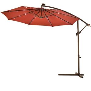 10 ft. Steel Market Hanging Solar LED Patio Umbrella with Base - Dent on Inside of Bottom Pole 