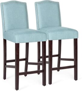 30in Contemporary Upholstered Linen Counter Height Armless Backed Bar Stool Chairs w/Studded Nail Head Trim, Set of 2 