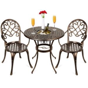 Cast Aluminum Outdoor Patio Bistro Table Set w/ Attached Ice Bucket, 2 Chairs, Copper Finish