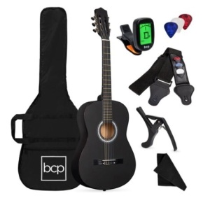 Beginner Acoustic Guitar Set w/ Case, Strap, Digital Tuner, Strings, 38in, Matte Black, Appears New