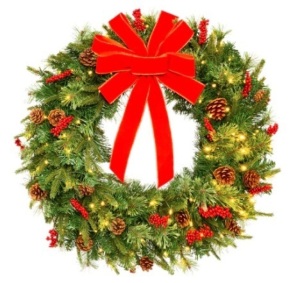 Pre-Lit Battery Powered Christmas Wreath w/ Lights, PVC Tips, Ribbon, 30in, Appears New