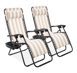 Set of 2 Adjustable Zero Gravity Patio Chair Recliners w/ Cup Holders, Tan Striped, Appears New/ Damamged Box