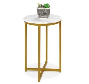 Round Coffee Side Table w/ Faux Marble Top, Metal Frame,16in, White/Bronze Gold, Appears New