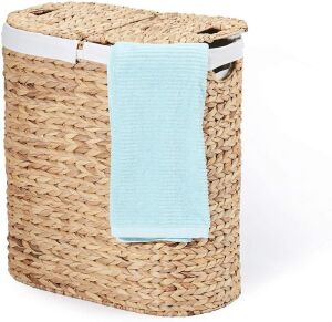 Seville Classics Water-Hyacinth Lidded Oval Double Laundry Hamper, Hand-Woven