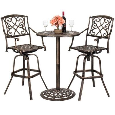 3-Piece Outdoor Cast Aluminum Bar Height Patio Bistro Set w/ 2 360-Swivel Chairs - Antique Copper