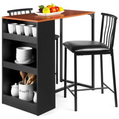 3-Piece Counter Height Kitchen Dining Table Set w/ Storage Shelves