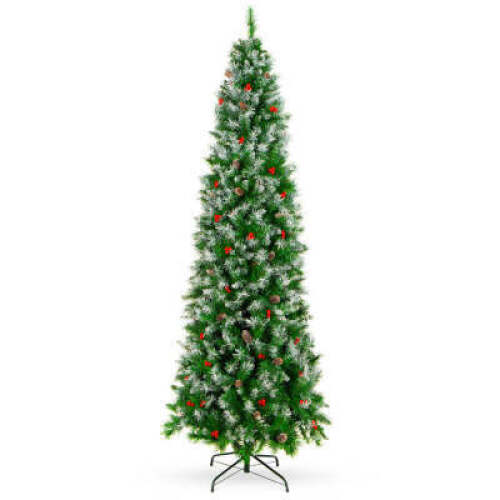 Partially Flocked Spruce Pencil Christmas Tree w/ Berries, Pine Cones