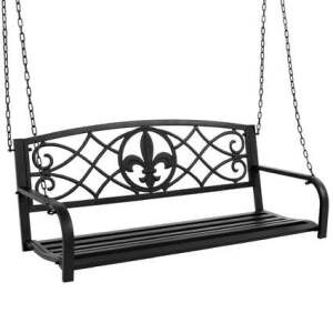 2-Person Outdoor Metal Hanging Swing Bench w/ Fleur De Lis Accents 