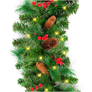 9ft Pre-Lit Christmas Garland w/50 Lights, Pine Cones, Berries