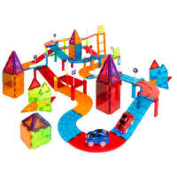 212- Piece Kids Magnetic Tile Car Race Track STEM Building Toy Set w/ 2 Cars
