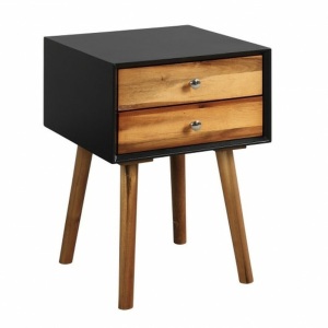 Wooden Mid-Century End Side Table w/ 2 Storage Drawers 