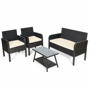 4 Piece Patio Rattan Wicker Furniture Set w/ White Cushions