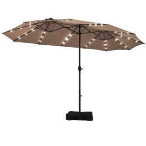 15Ft Patio Double-Sided Solar LED Market Umbrella Crank Base Tan 