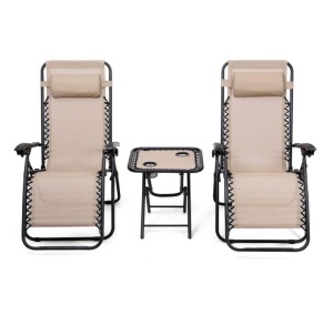 3 Pieces Folding Portable Zero Gravity Reclining Lounge Chairs Table Set