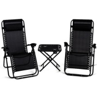 3-Piece Metal Folding Portable Zero Gravity Outdoor Lounge Chair in Black with Side Table