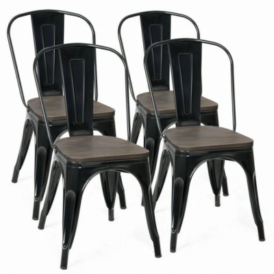 Set of 4 Stackable Tolix Style Metal Wood Dining Chairs 