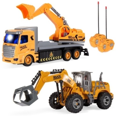 2-Pack Remote Control Excavator Digger Truck Construction Toy RC Cars w/ LED Lights, 2 Controllers 