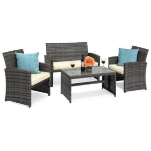 4-Piece Outdoor Wicker Conversation Patio Set w/ 4 Seats, Glass Table Top. Appears New