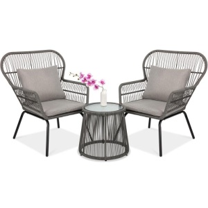 3-Piece Patio Wicker Conversation Bistro Set w/ 2 Chairs, Table, Cushions. Appears New 