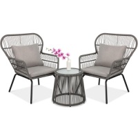 3-Piece Patio Wicker Conversation Bistro Set w/ 2 Chairs, Table, Cushions. Appears New&nbsp;