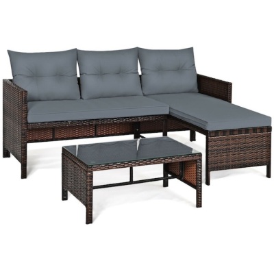 3-Piece Rattan Patio Conversation Set with Cushions