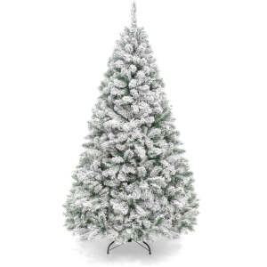 Premium Snow Flocked Artificial Pine Christmas Tree w/ Foldable Metal Base 