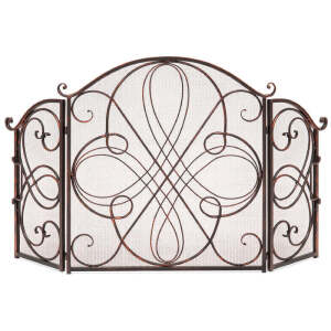 3-Panel Wrought Iron Metal Fireplace Screen Cover w/ Scroll Design - 55x33in