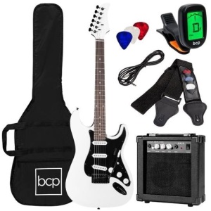 Beginner Electric Guitar Kit w/ Case, 10W Amp, Tremolo Bar - 39in, White. Appears New. 
