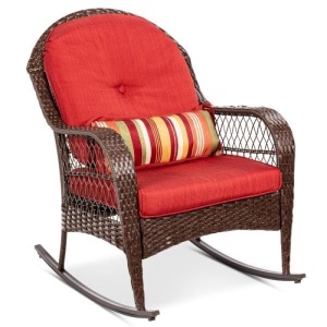 Wicker Rocking Chair w/ Steel Frame, Decorative Pillow, Cushions, Red. Appears New. 